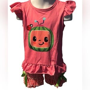 Coco melon Pink Short Ruffle Sleeves with Red/White Checkered Shorts and Bow